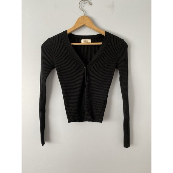 Be Cool Womens Size Small Black Ribbed Cardigan V-Neck Sweater Stretchy - Picture 2 of 8